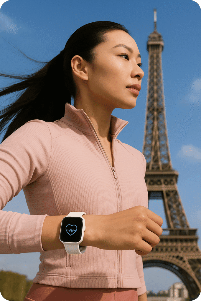 femme qui court en plain paris avec bracelet harmony