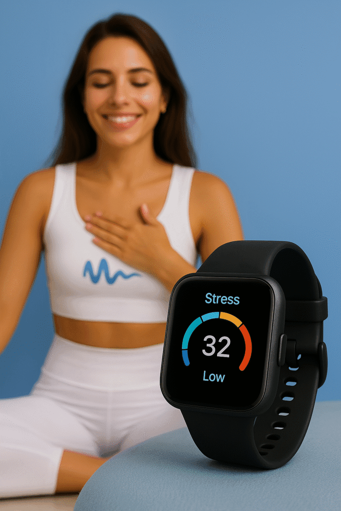 femme contente des resultats de stress de son bracelet