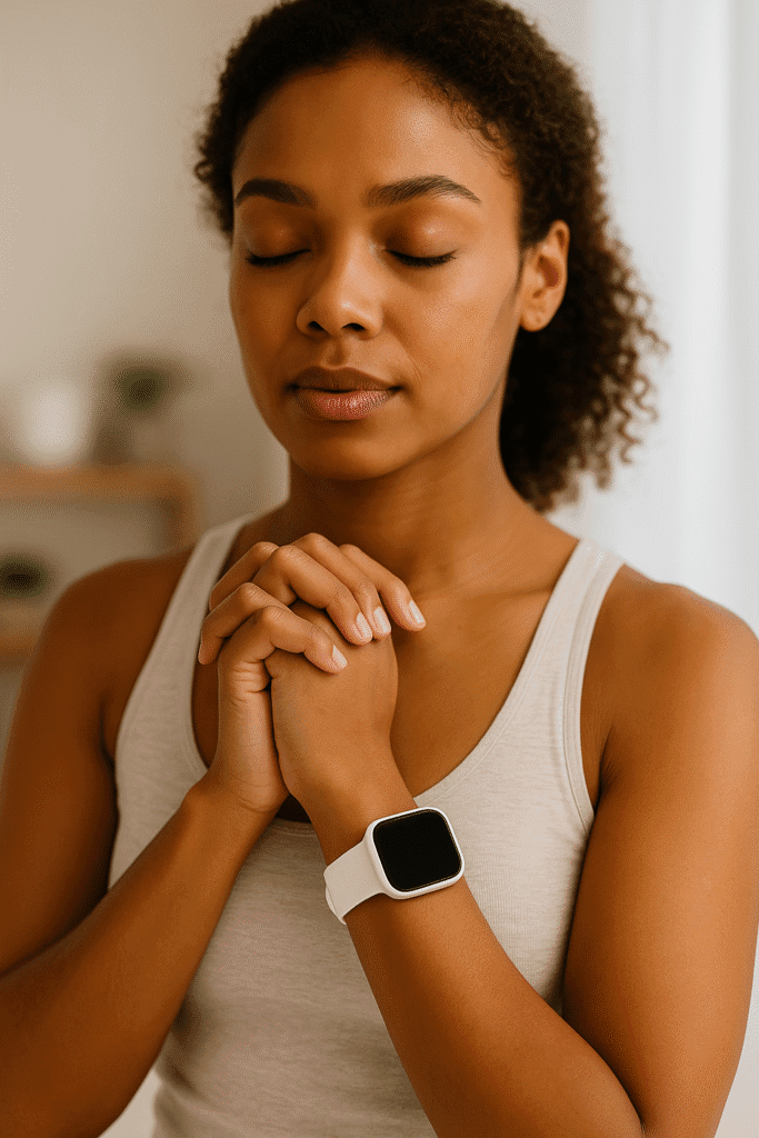 Femme qui médite avec le bracelet harmony